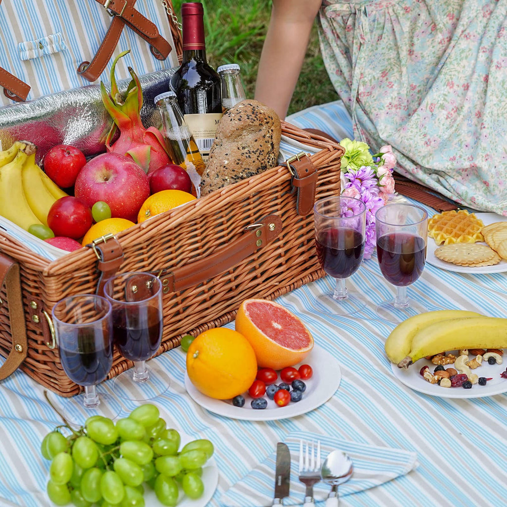 Wicker Picnic Basket Set for 4 Persons with Cooler & Blanket