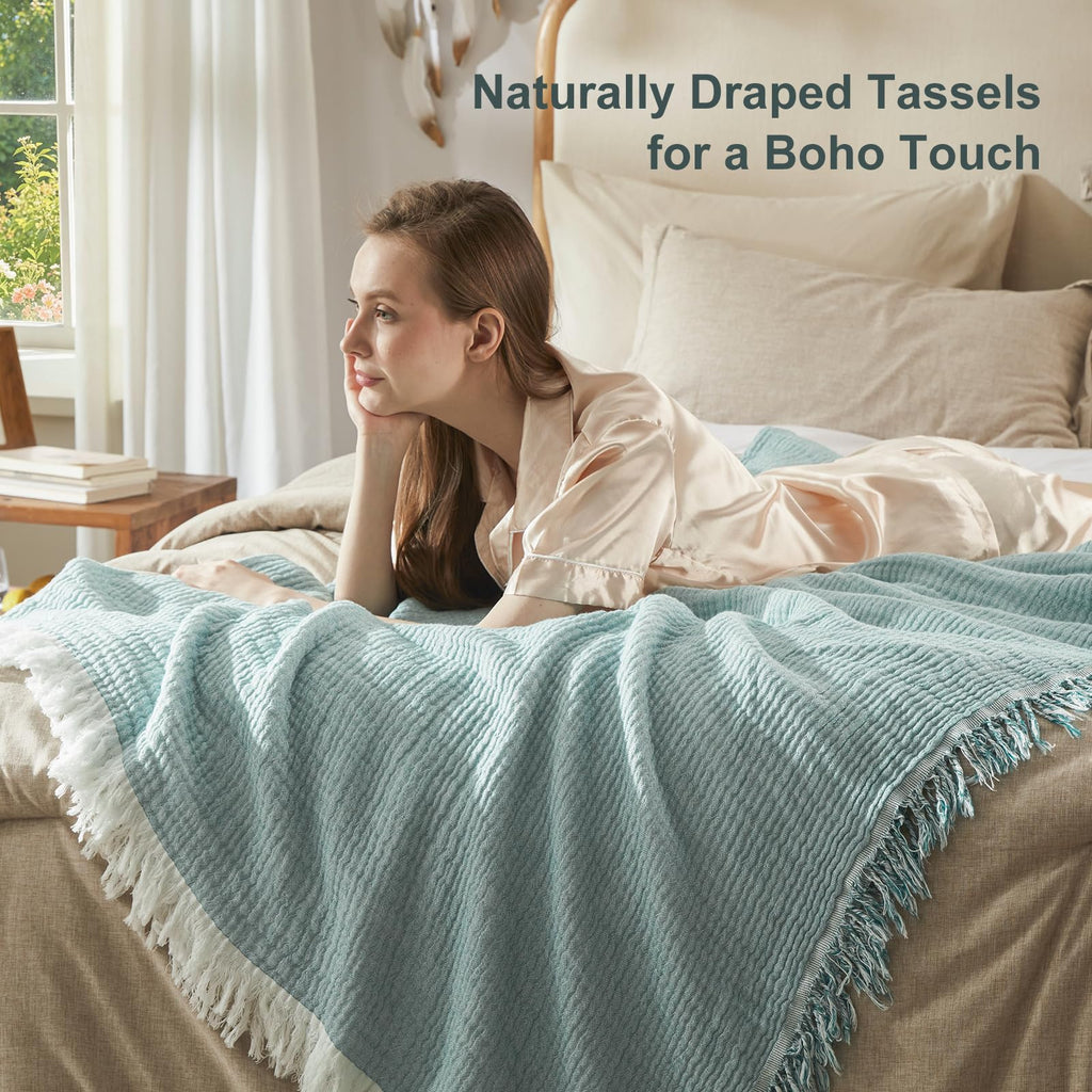 100% Cotton Muslin Blanket Adults with Tassels, Teal Throw 50"x60"