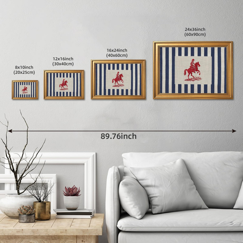 Framed Vintage Cowboy Canvas Wall Art Blue Striped Preppy Equestrian Poster Farmhouse Americana Horse Print Western