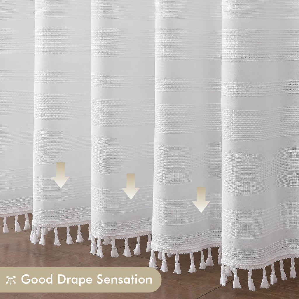 White Shower Curtain 78 Inch Long, Boho Farmhouse Thick Striped Fabric Hotel Shower Curtain with Tassel, Minimalist