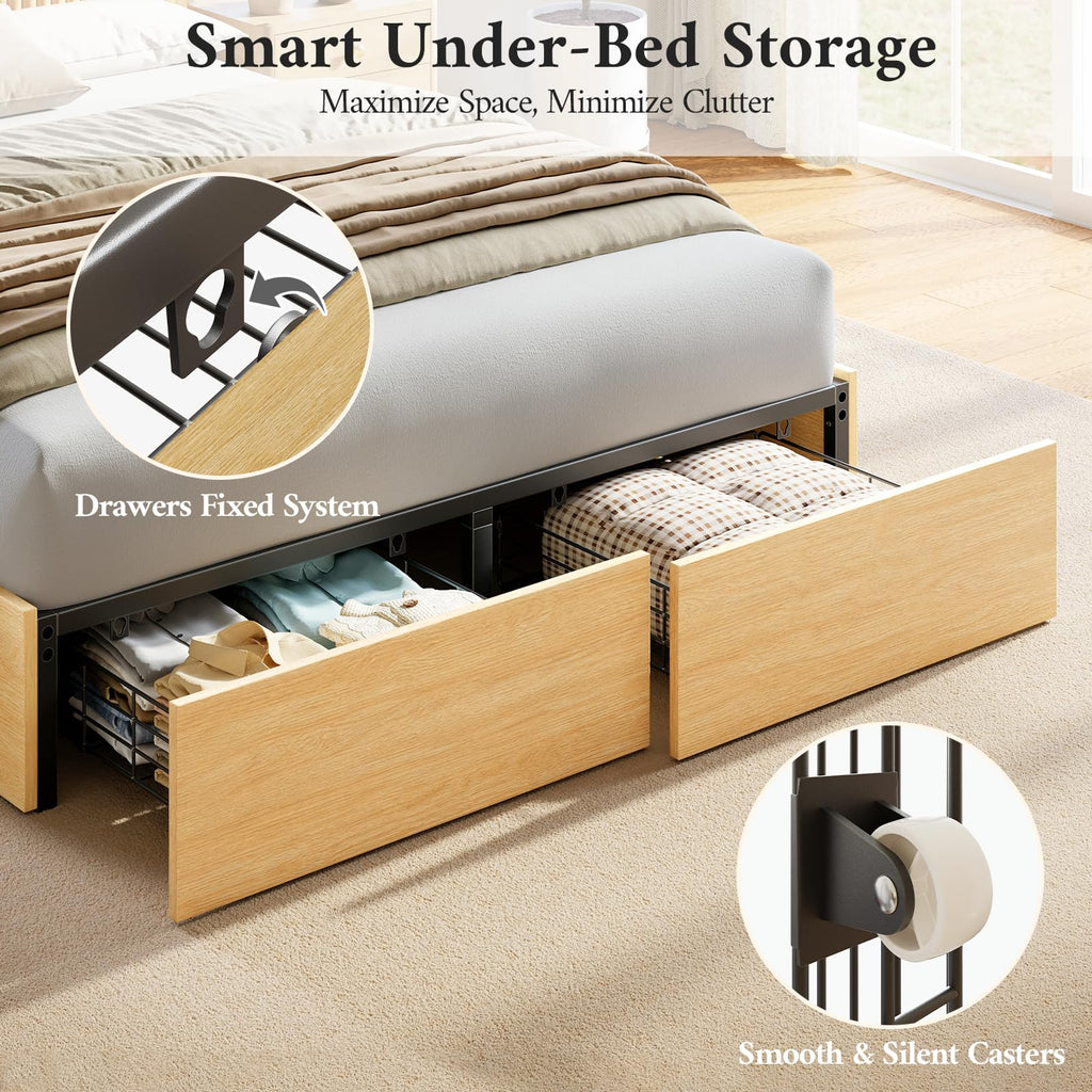 Full Size Bed Frame with Headboard and Storage Drawers, Full Platform Bed Frame with LED Lights and Charging Station