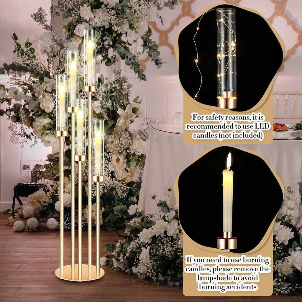 4 Sets Acrylic Candelabra Centerpieces 42.5" Tall Clear Candle Holders Pillar Taper Candlestick with Lampshades 5 Arm