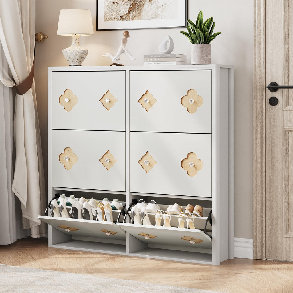 Shoe Storage Cabinet with 6 Flip Drawers, Narrow Wood Shoe Organizer Cabinet with Floral Pattern, Freestanding Slim