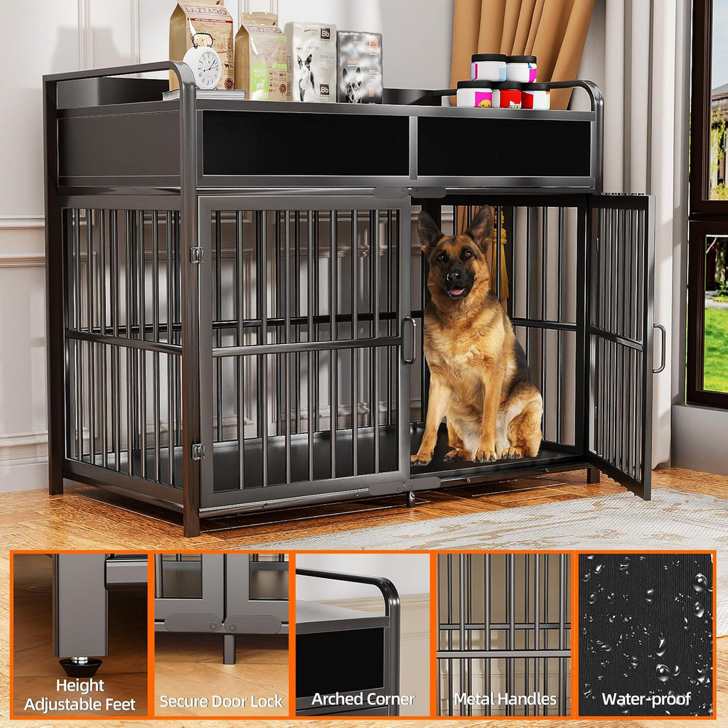Large Dog Crate Furniture with Drawers Storage, Puppy Dog Kennel Indoor with Double Doors, Heavy Duty Wooden Dog Cage