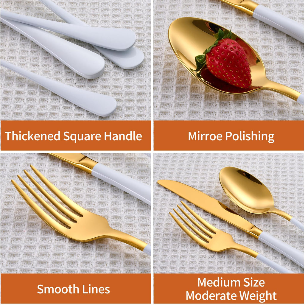 20 Piece Gold and White 18/0 Flatware Utensil Set for 4, Include Dinner Knife, Dinner Forks, Dinner Spoons, Salad