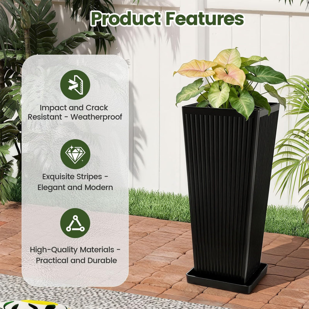 24" Tapered Tall Planters for Outdoor Plants with Tray&Shelf, Black
