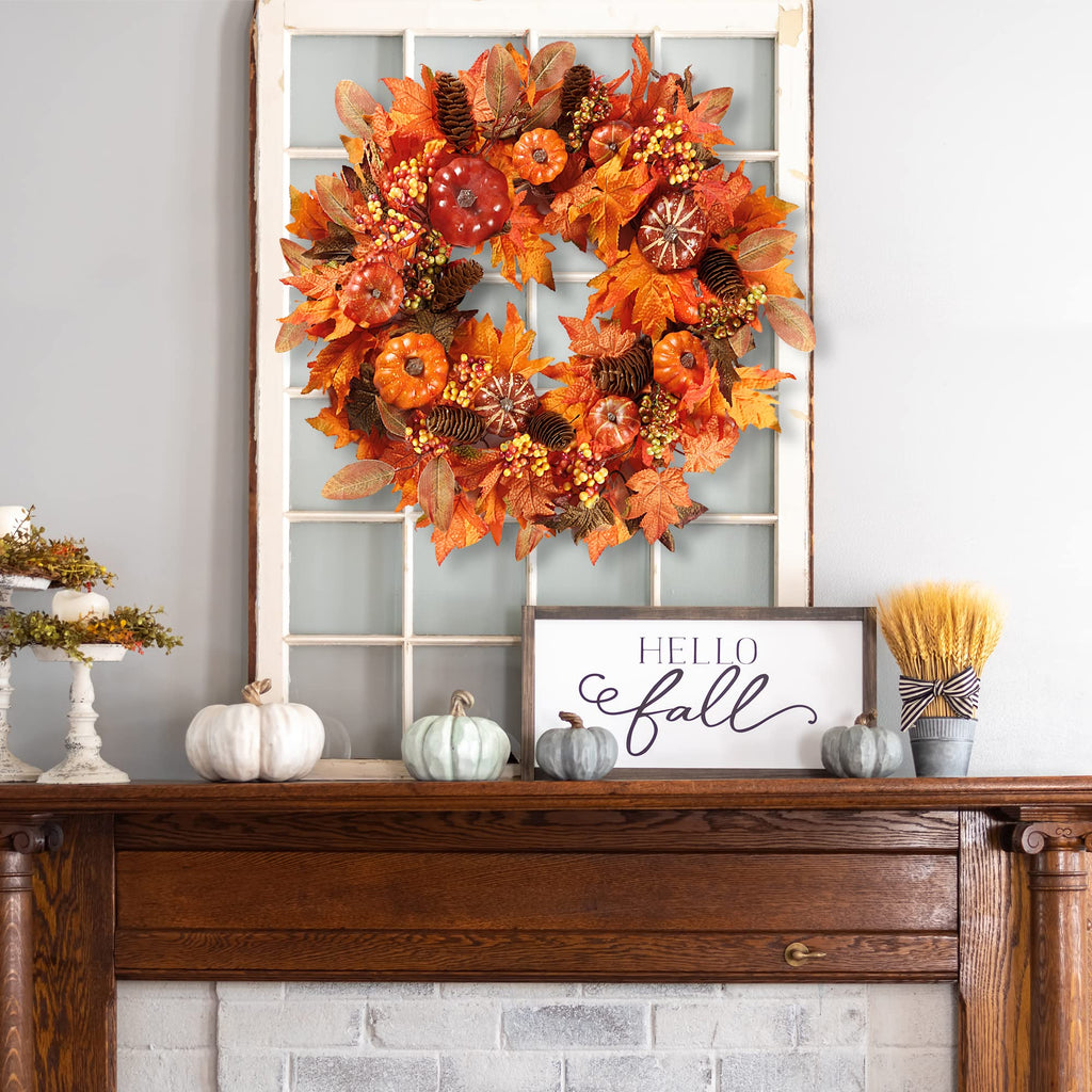 Fall Wreath 20'' Autumn Front Door Wreath with Various Pumpkin Cluster of Berries Maple Leaves Pine Cones for Outside