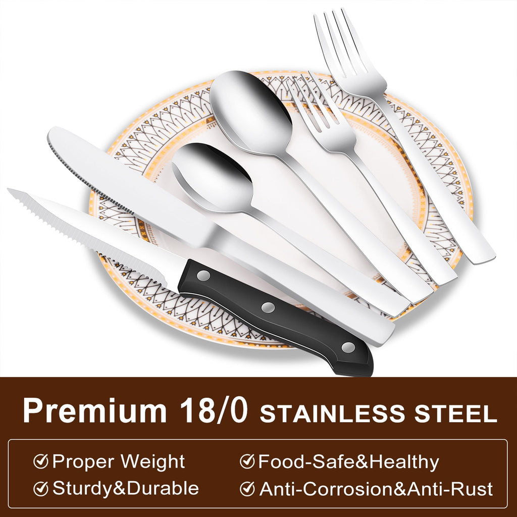 24-Piece Silverware Set Flatware Set for 4, Mirror Polished Stainless Steel with Steak Knives - Dishwasher Safe