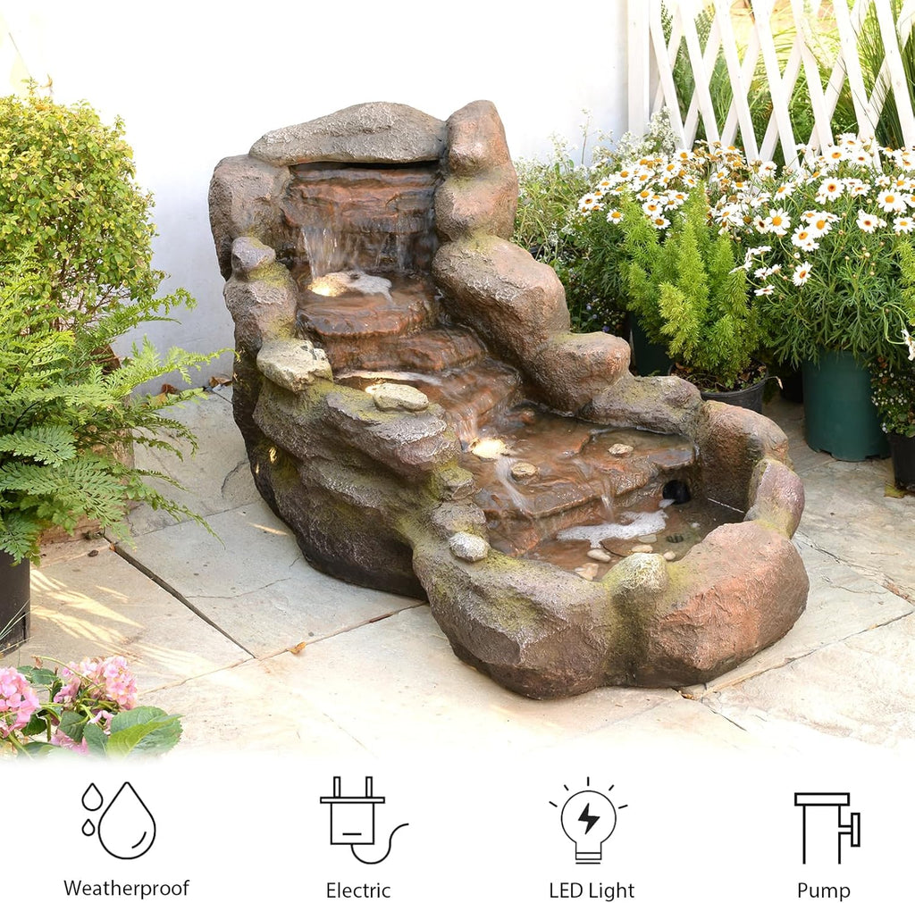42.1" L Garden Water Fountain Outdoor, Floor Standing Mutiply Tiered Rock Outdoor Fountains with LED Lights and Pumps