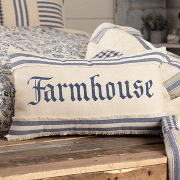 Doylestown Blue Farmhouse Throw Pillow Cover w/Grain Sack Stripe Appliqued Border, 12" x 20", Blue & Cream, Vintage