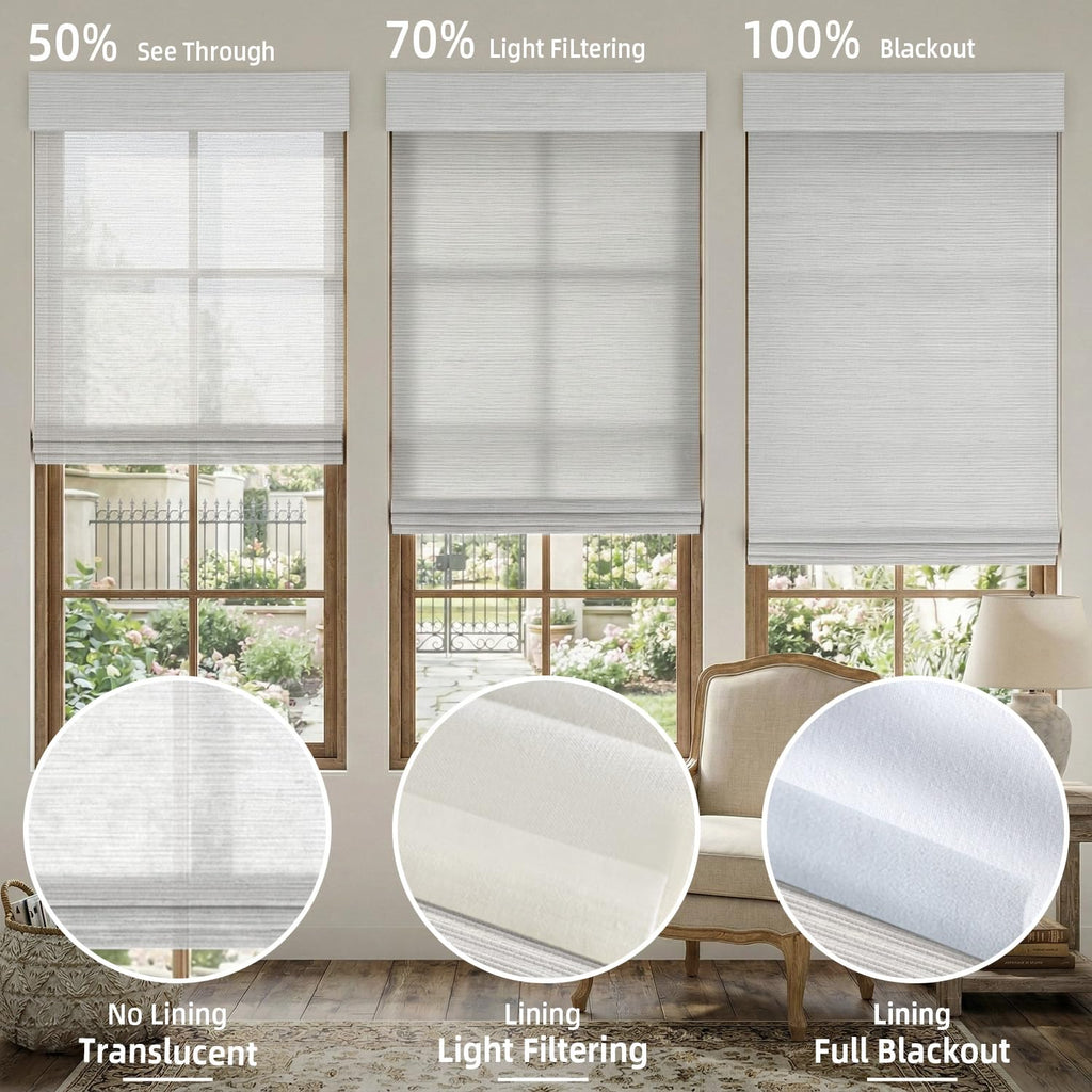 Motorized Natural Woven Wood Roman Shades, Linen Ramie 05E2