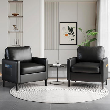 Black Faux Leather Accent Chairs with Arms, Waiting Room, Modern - Set of 2