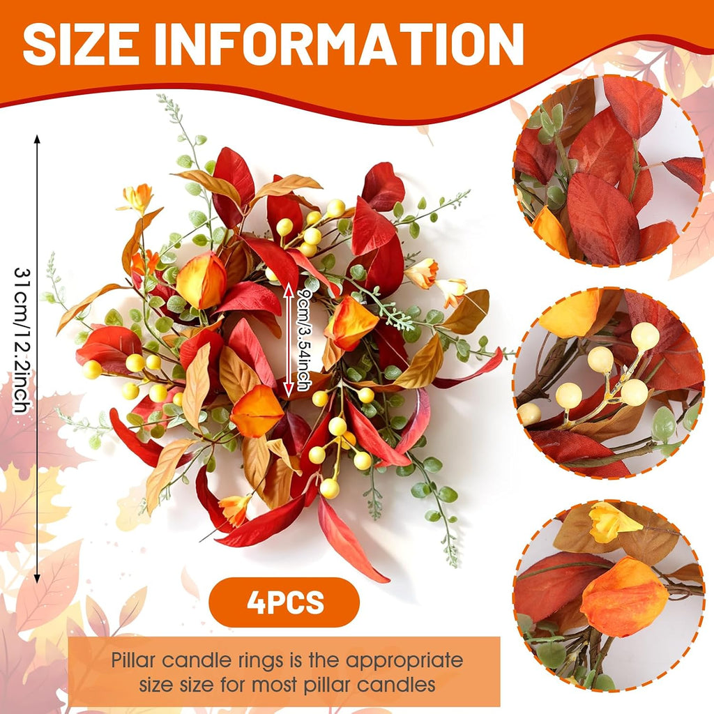 Fall Candle Ring Wreaths Artificial Autumn Candle Holder Wreath - Set of 4
