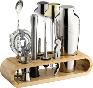 Cocktail Shaker Set with Bamboo Stand - Professional10-Piece Bartender Kit, Complete Bar Set Use with Jigger - Set of 10