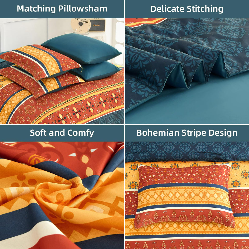 Boho Comforter Set Queen Size, Burnt Orange Fall Bedding