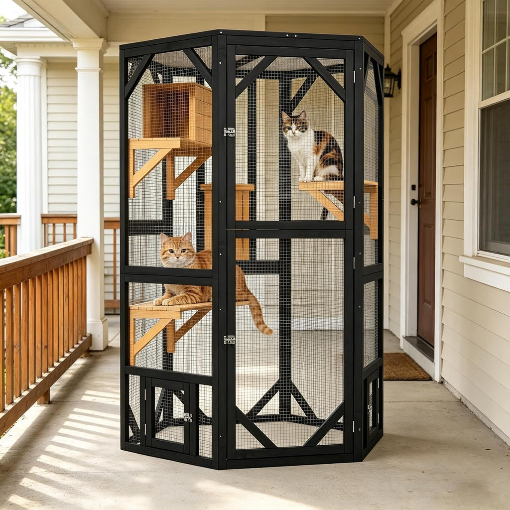 69.3 Inch Catio Outdoor Cat Enclosure, Hexagonal Tall Wooden Cat Catio