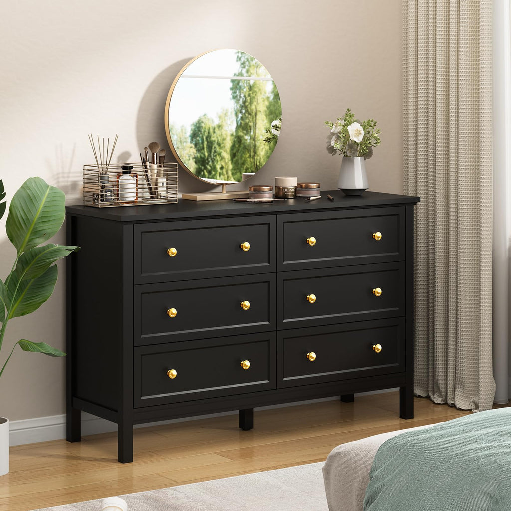 47" Black Dresser with Modern Gold Handles & 6 Drawer