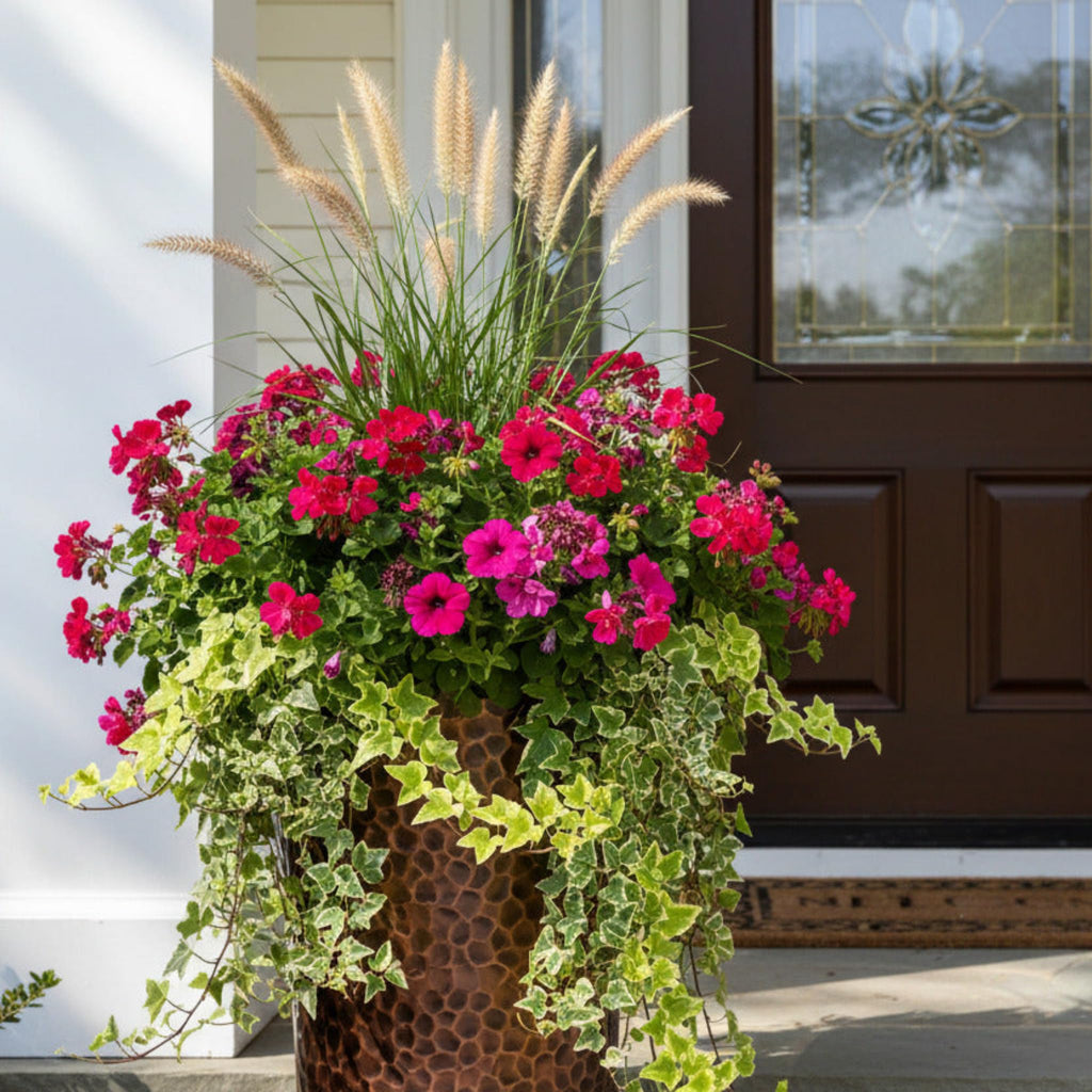28 Inch Round Column Planter, Hammered Antique Copper Finish