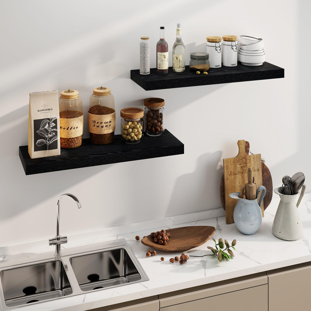 Black Floating Shelves 36 Inch Long, 8 Inch Deep Floating Shelf for Wall, 36" W x 8" D Wall Shelves Set of 2, Black