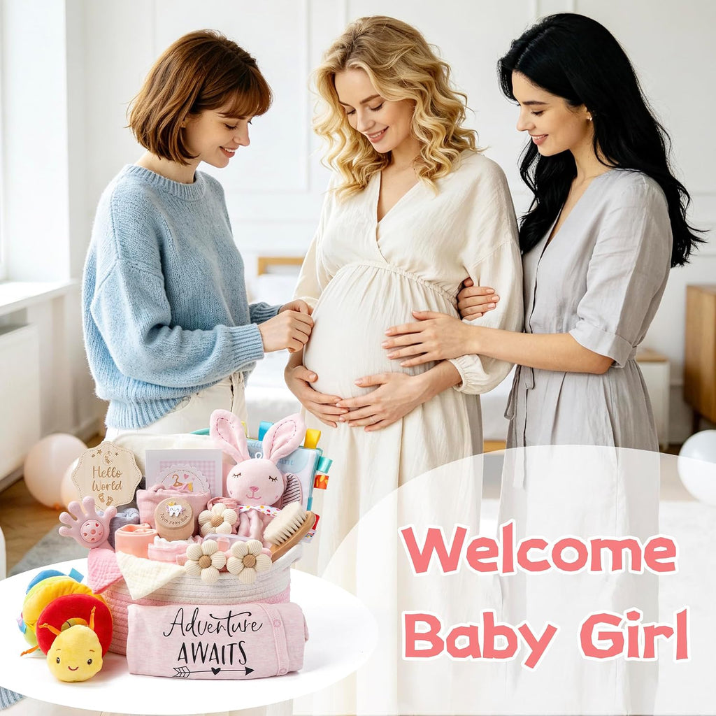 Baby Shower Gifts for Girls, 24 Piece Deluxe Baby Shower Gift Basket - Baby Girl Gift Basket with Swaddle, Rattle
