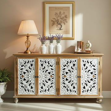 60" Farmhouse Sideboard Buffet, Solid Wood Credenza Storage Cabinet