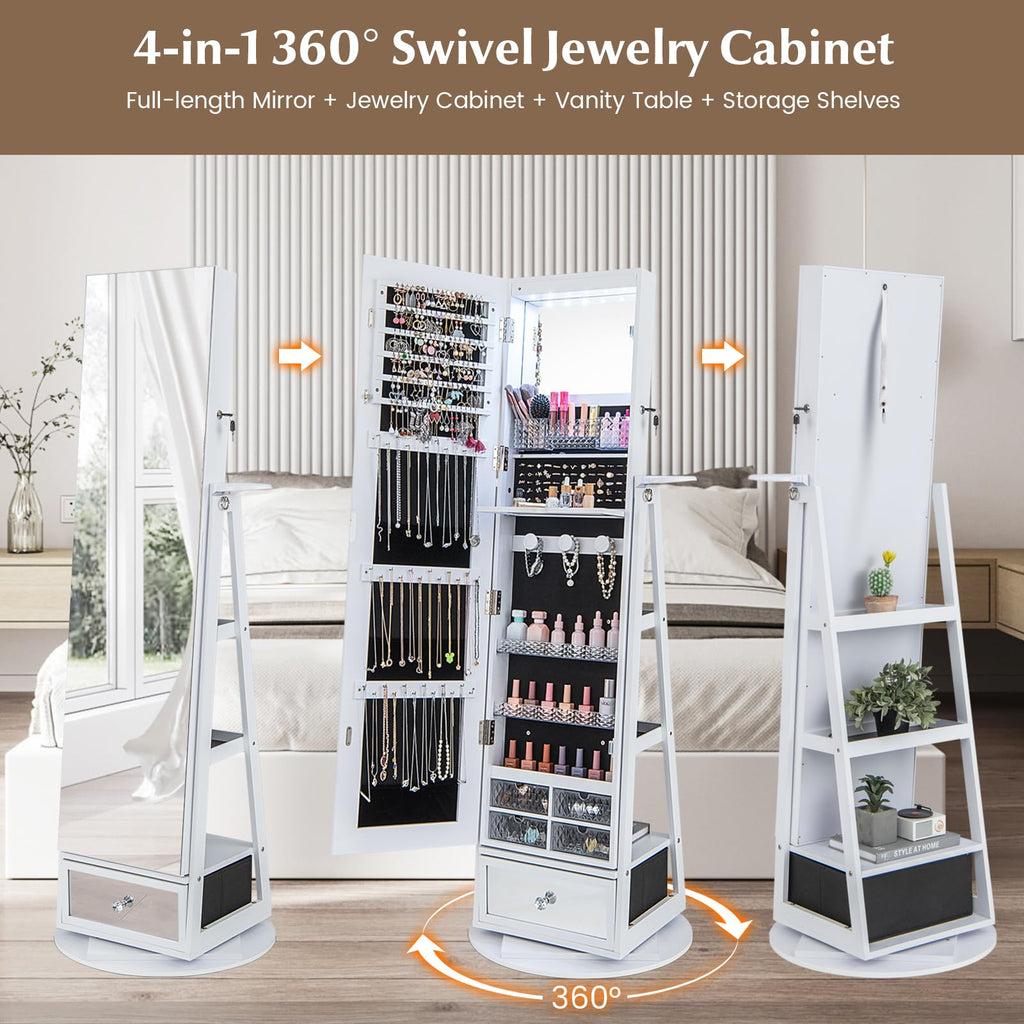 Jewelry Armoire with Full Length Mirror, 360° Lockable Jewelry Organizer W/ 6 LEDs, Rear Storage Shelves, Large