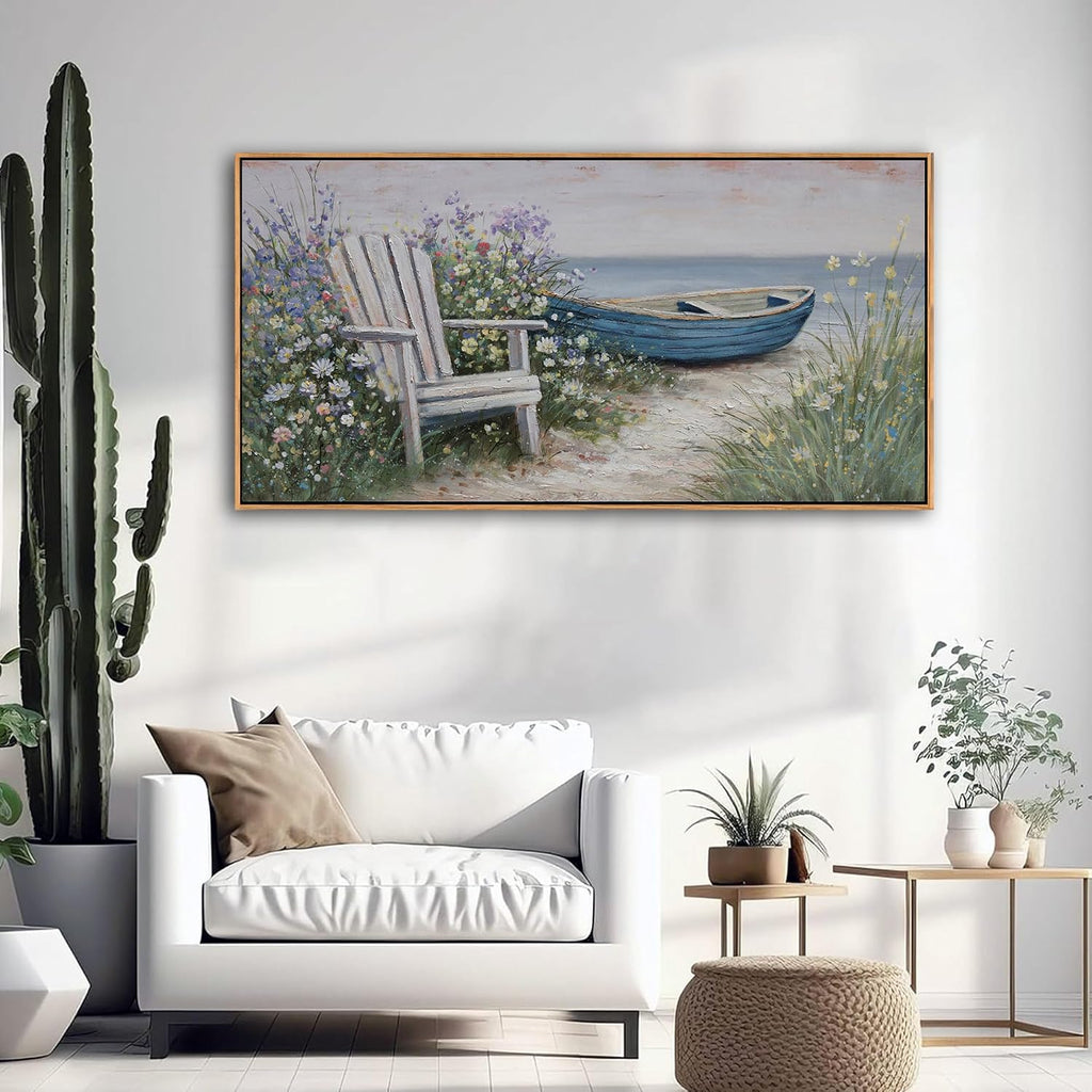 Large Coastal Canvas Wall Art - Ocean Landscape Canvas Wall Decor Picture Blue Boat Beach Scenery Painting & Coast