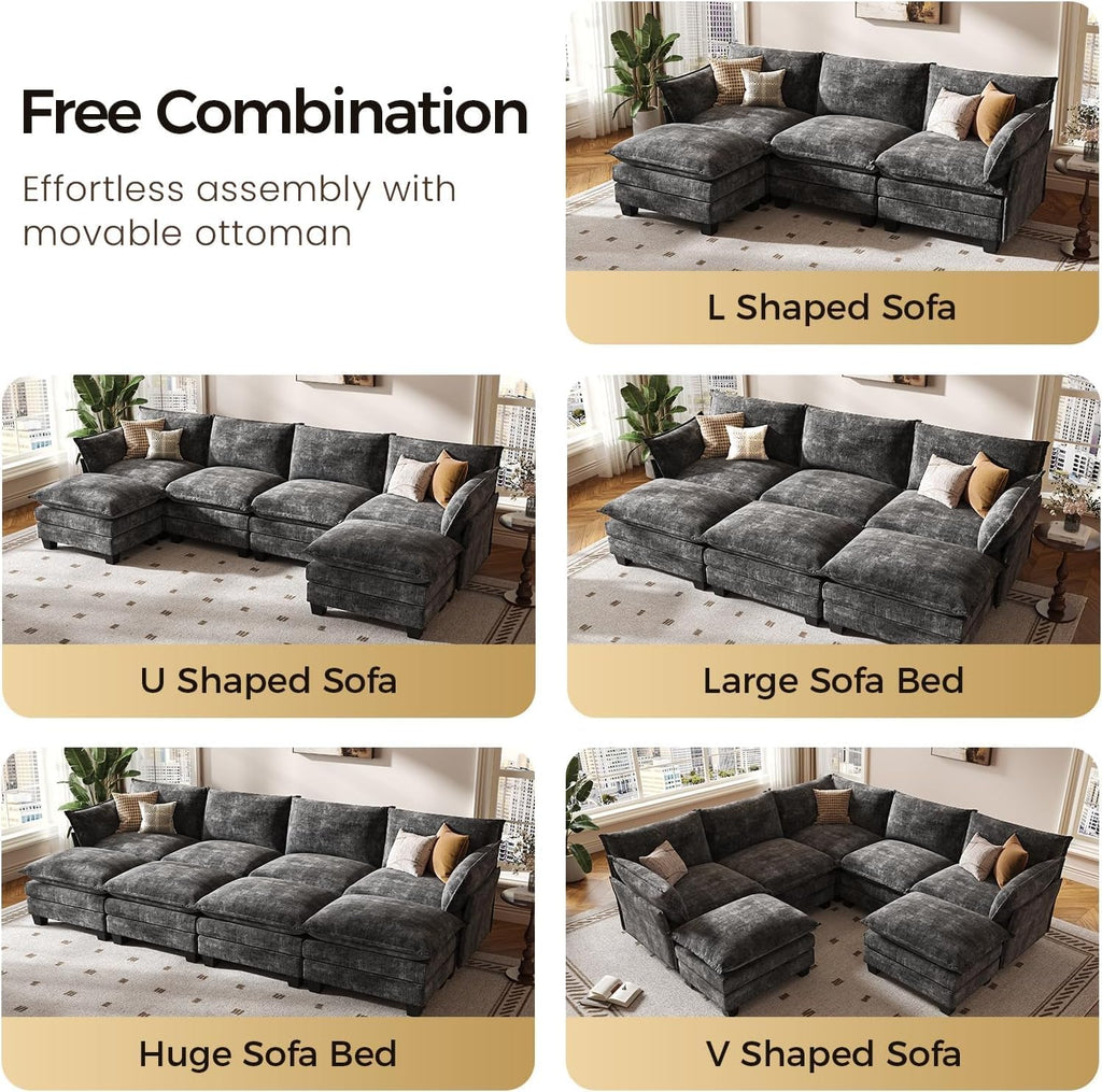 KKL 120" Modular Sectional Sofa for Living Room, U-Shaped 6 Seater Convertible L-Shaped Cloud Couch with Ottoman