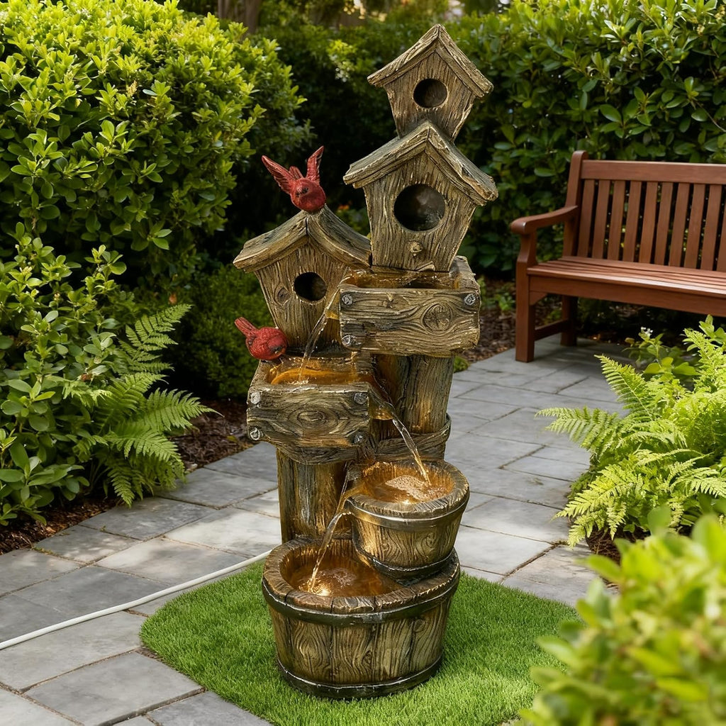 35" Tall Outdoor 4-Tier Birdhouse Floor Standing Water Fountain with LED Lights