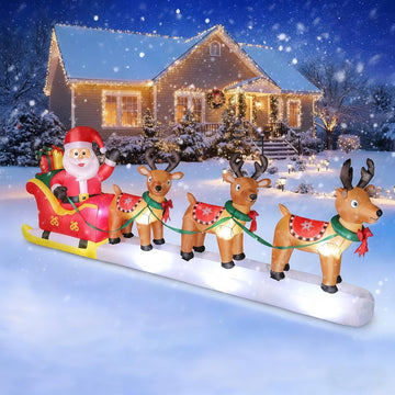 12 FT Christmas Inflatables Santa Claus on Sleigh with 3 Reindeers, Blow Up Outdoor Decorations with Built-in LED