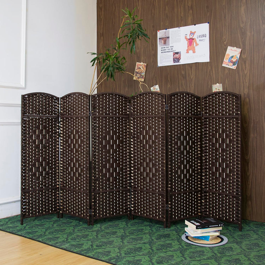 6 Panel Dark Brown Rattan Room Divider, 47.2" Low Height Double-Sided Folding Privacy Screen, Freestanding Partition