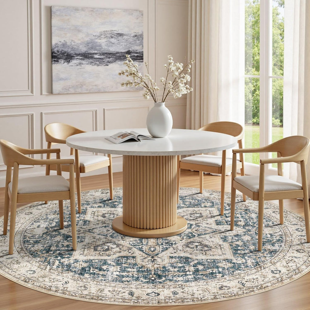 8' Round Area Rug Living Room Rugs - Washable Boho Rug Vintage Oriental Distressed Farmhouse Large T