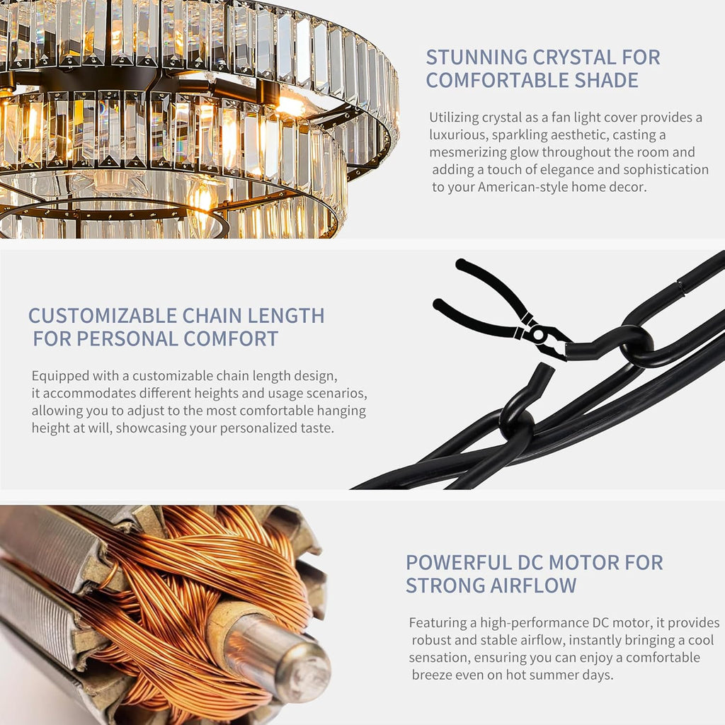 24" Modern Crystal Caged Fandelier, Smart Chandelier Fan with Remote and APP Control