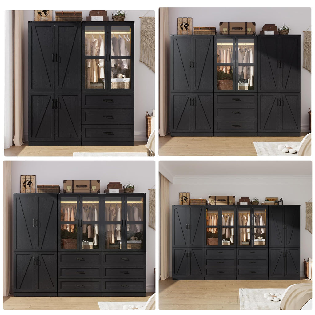 75" Tall Farmhouse 2 Doors Armoire Wardrobe Closet with 3 Drawers and LED, Freestanding Closet Wardrobe Cabinet with