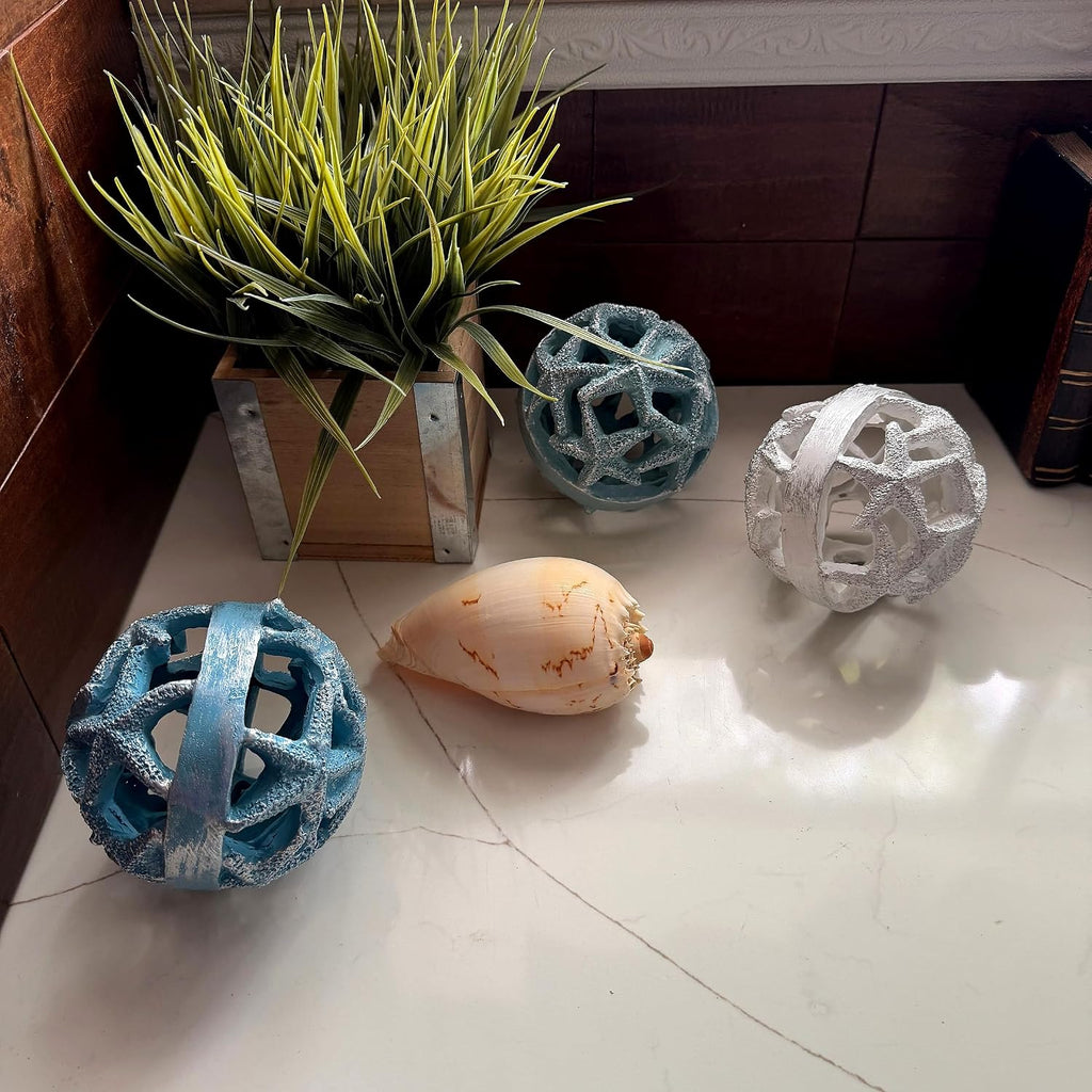 Decorative Orbs Coastal 4 Inch Resin Decorative Balls Set of 3 with Starfish Openwork Design, Blue Aqua Sand and