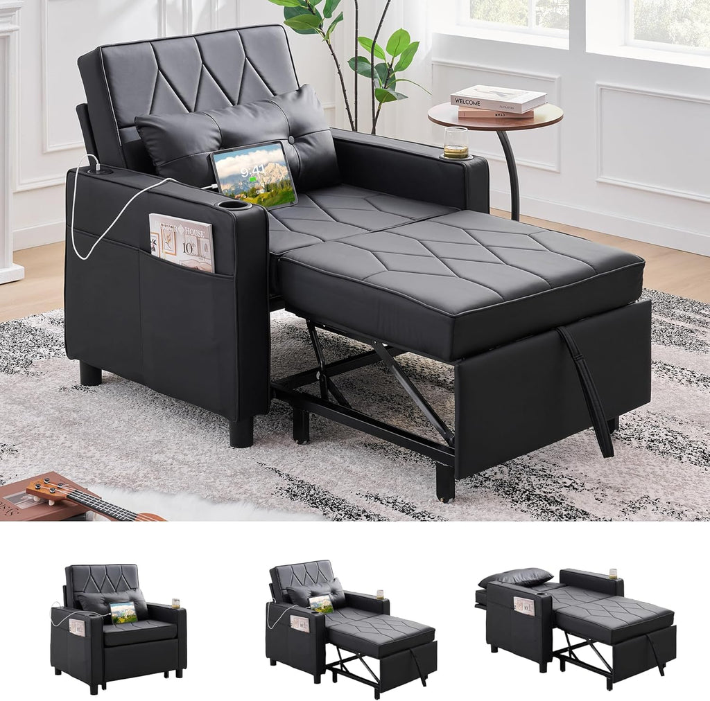 Faux Leather Convertible Sleeper Chair Bed, Single Pull Out Sofa, Black | , 3-in-1, USB & Type-C Charging Ports, Cup
