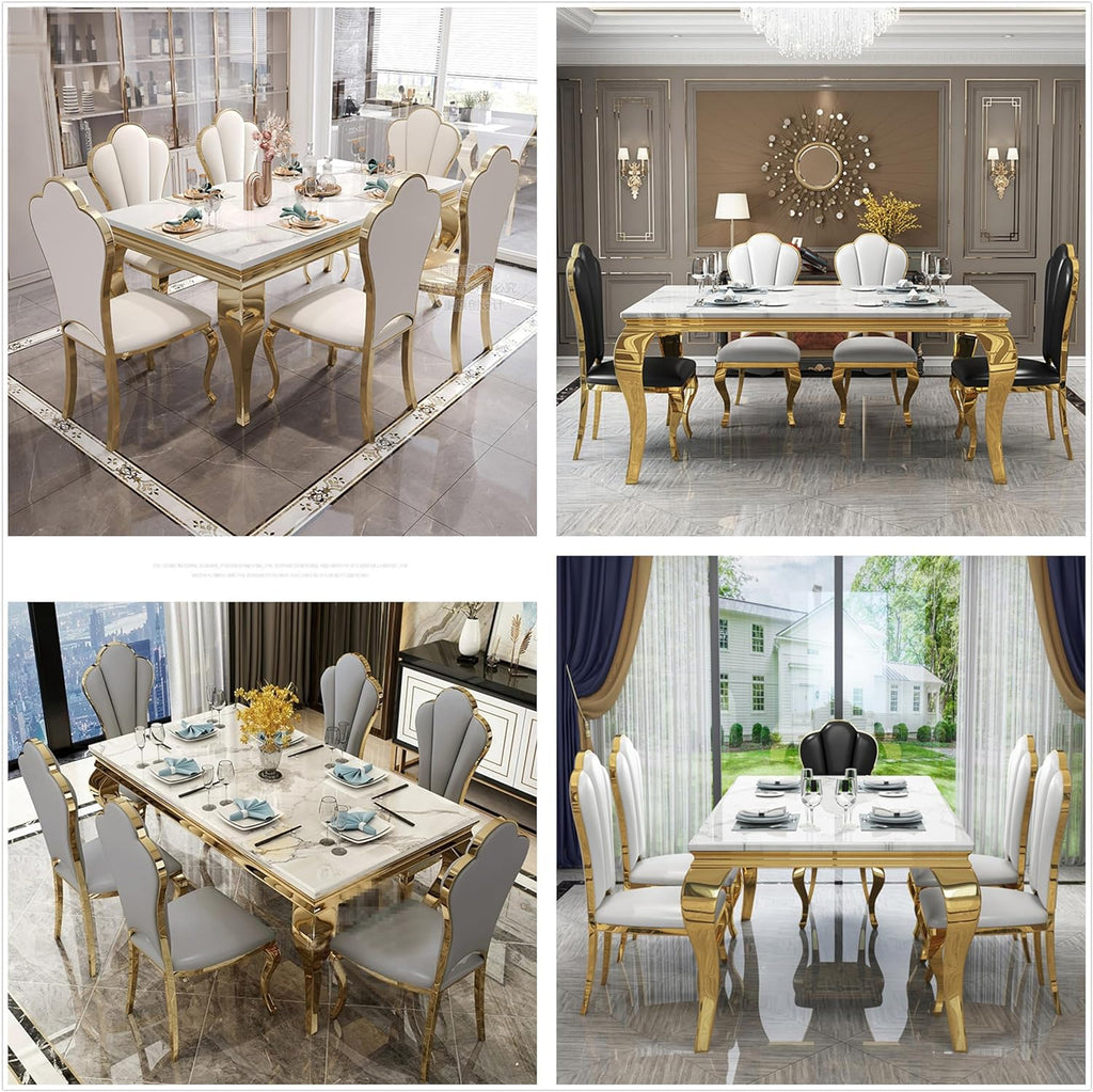 Marble Dining Table for 4 6, 68 Inch White Gold Kitchen Table with Faux Marble Top & Cabriole Stainless Steel Legs