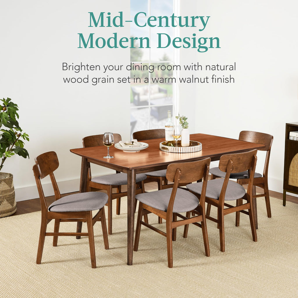 7-Piece Wooden Dining Room Table Set, Mid-Century Modern, Kitchen Table w/ 6 Chairs, Upholstered Cushions, Curved