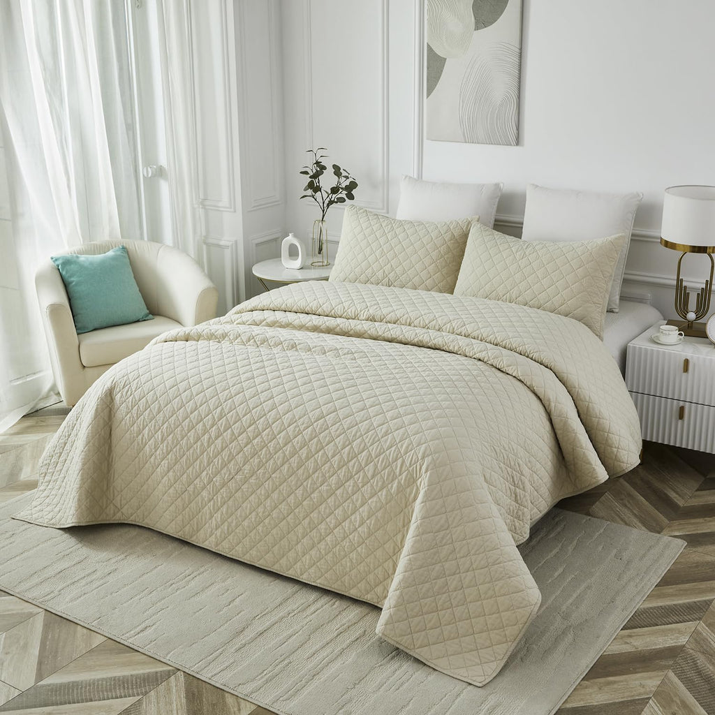 Beige Plaid Stitched Quilt Set Cotton All Season Coverlet