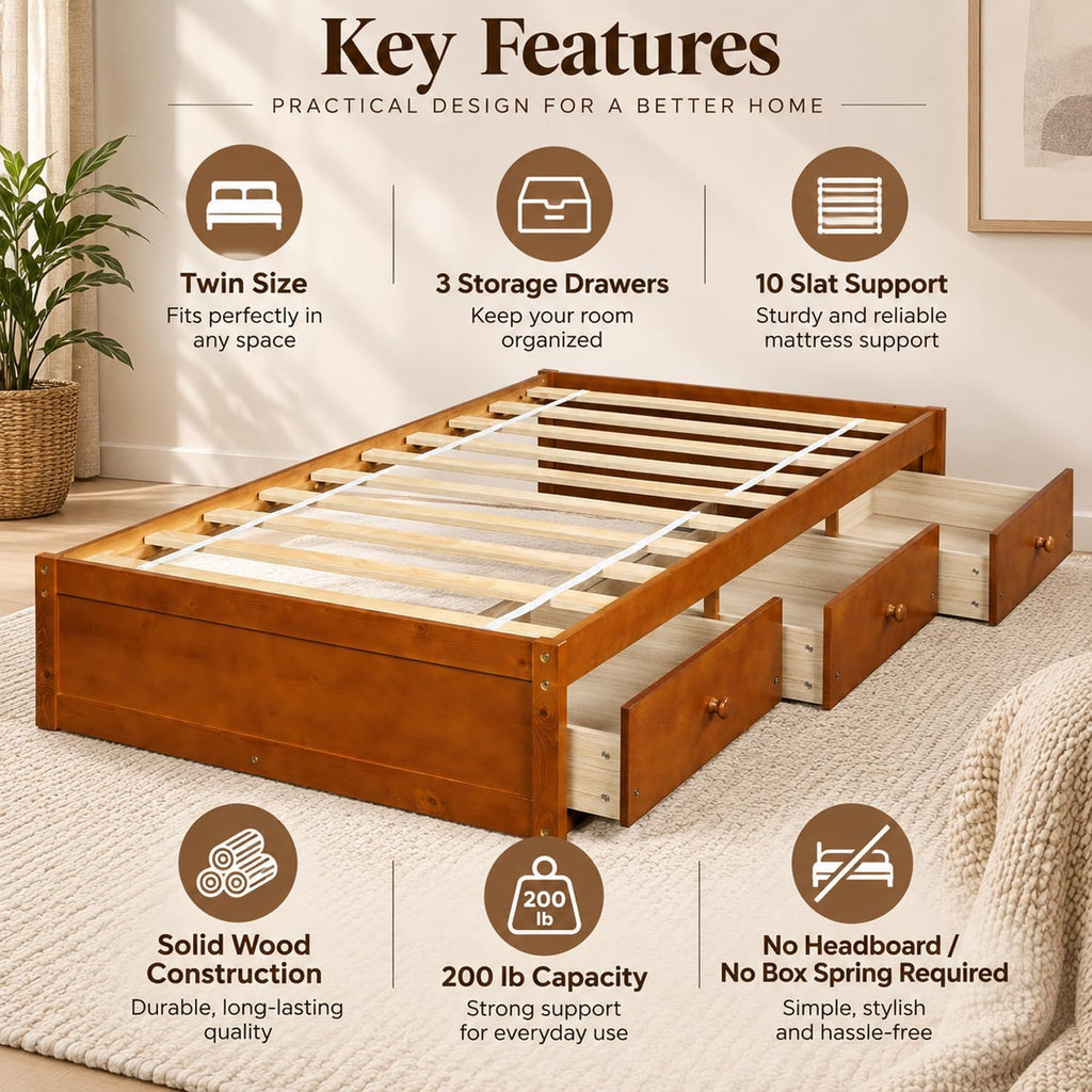 Twin Size Japanese Wood Bed Frame with 3 Storage Drawers (Oak)