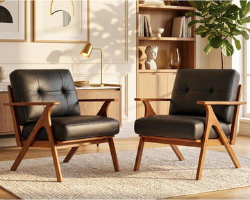 Black Leather Mid Century Curved Arm Chairs with Solid Wood Frame - Set of 2