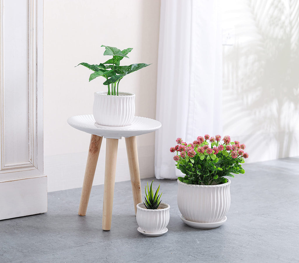 Ceramic Flower Plant Pots with Saucers, Modern Round Ceramic Succulent Planter Pots with White Stripe Texture, Small