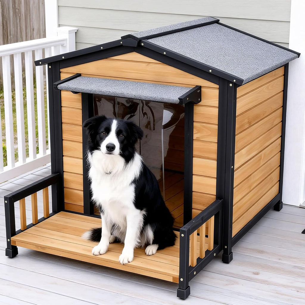 Large Dog House Outdoor, Wood Weatherproof Shelter with Elevated Floor