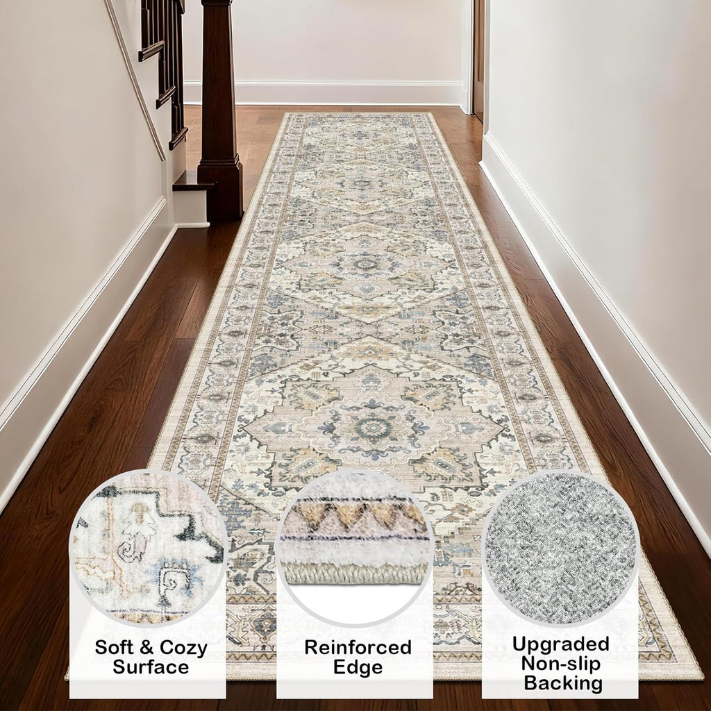 Boho Washable 2x10 Runner Rugs Beige Non Slip Low Pile Long Runner Rug, Stain Resistant Soft Faux Wo