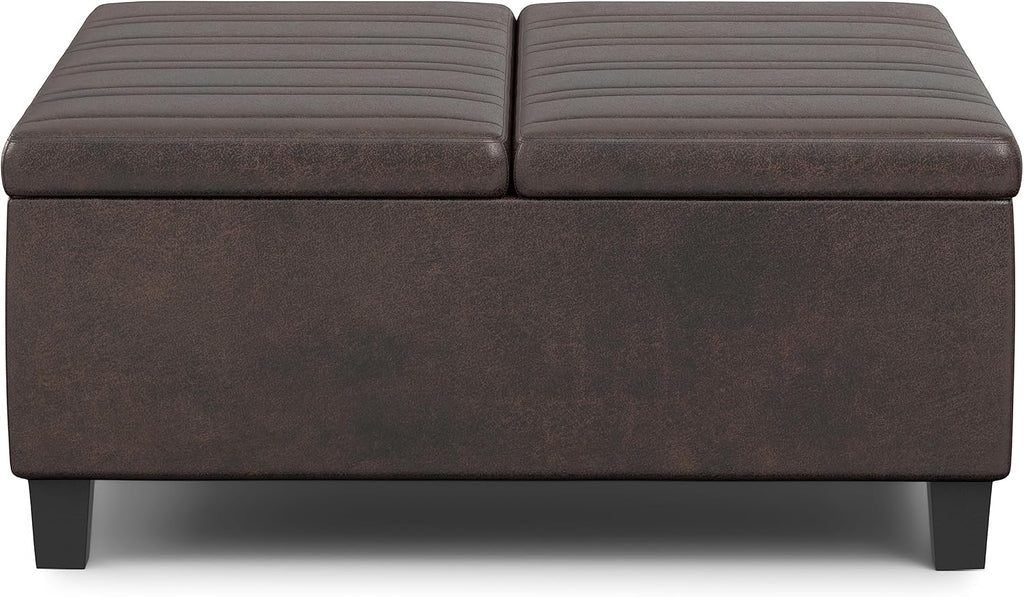Ellis 36" Wide Vegan Leather Storage Ottoman in Stone Grey | Contemporary tufted ottoman with lift-up lid storage ;