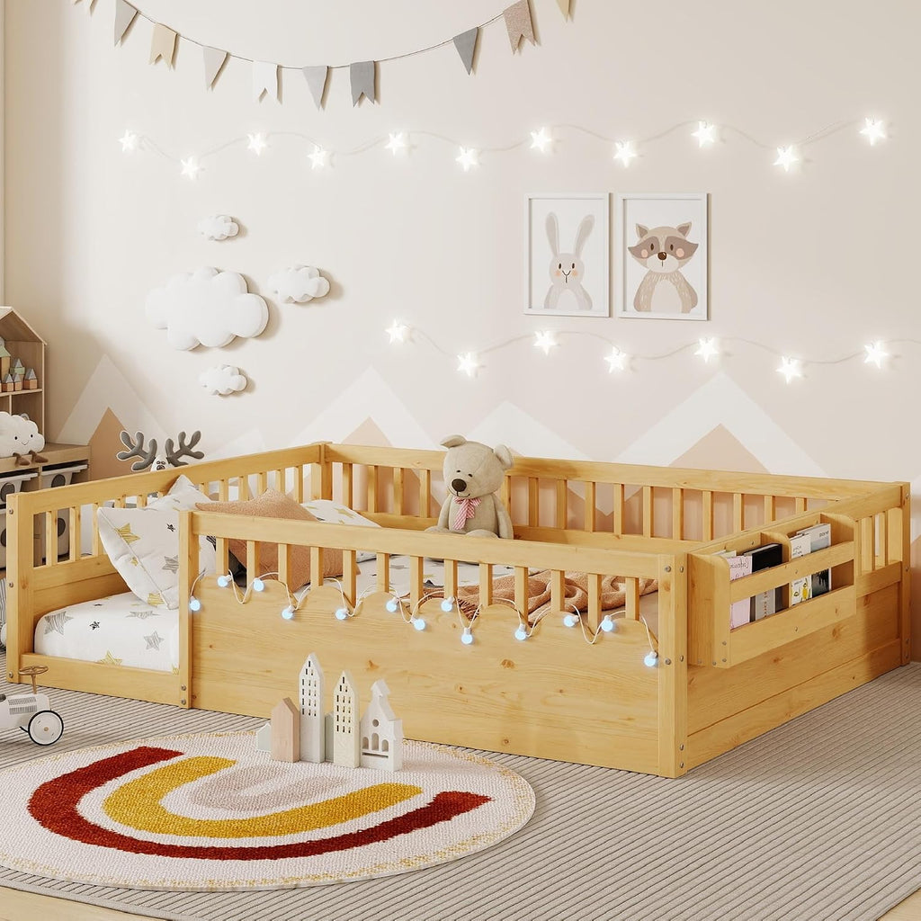Floor Bed w/Light & Storage, Wood Montessori Platform Bed Frame w/Safety Rails, Space Saving Kids Beds for