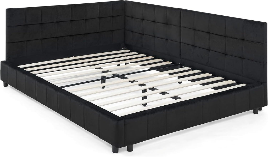 Queen Size Upholstered Corner Daybed, Modern L-Shaped Daybed with Tufted Backrest, Velvet Corner Bed Floor Bed Frame
