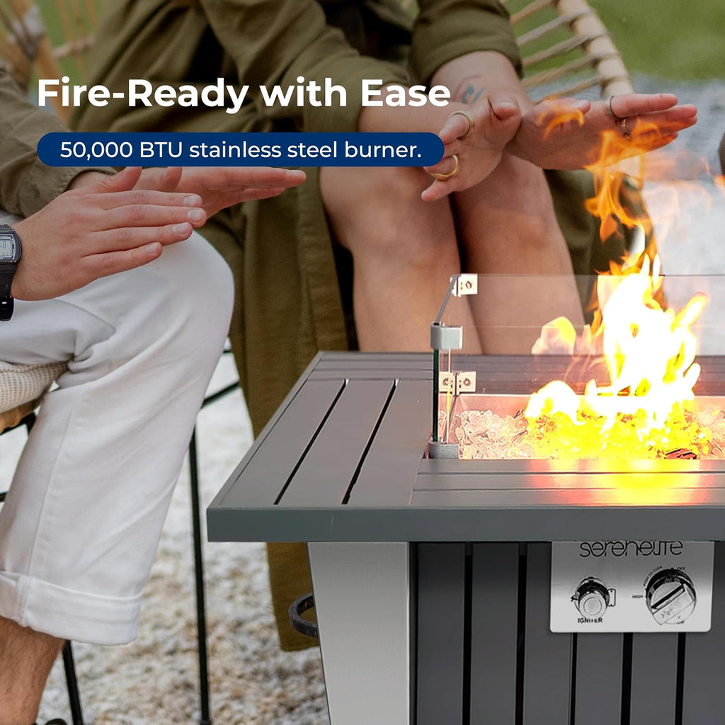 Propane Fire Pit Table with Sturdy Metal, Gas Pits with 50,000 BTU and Stainless Steel Fire Pan, Includes Decorative