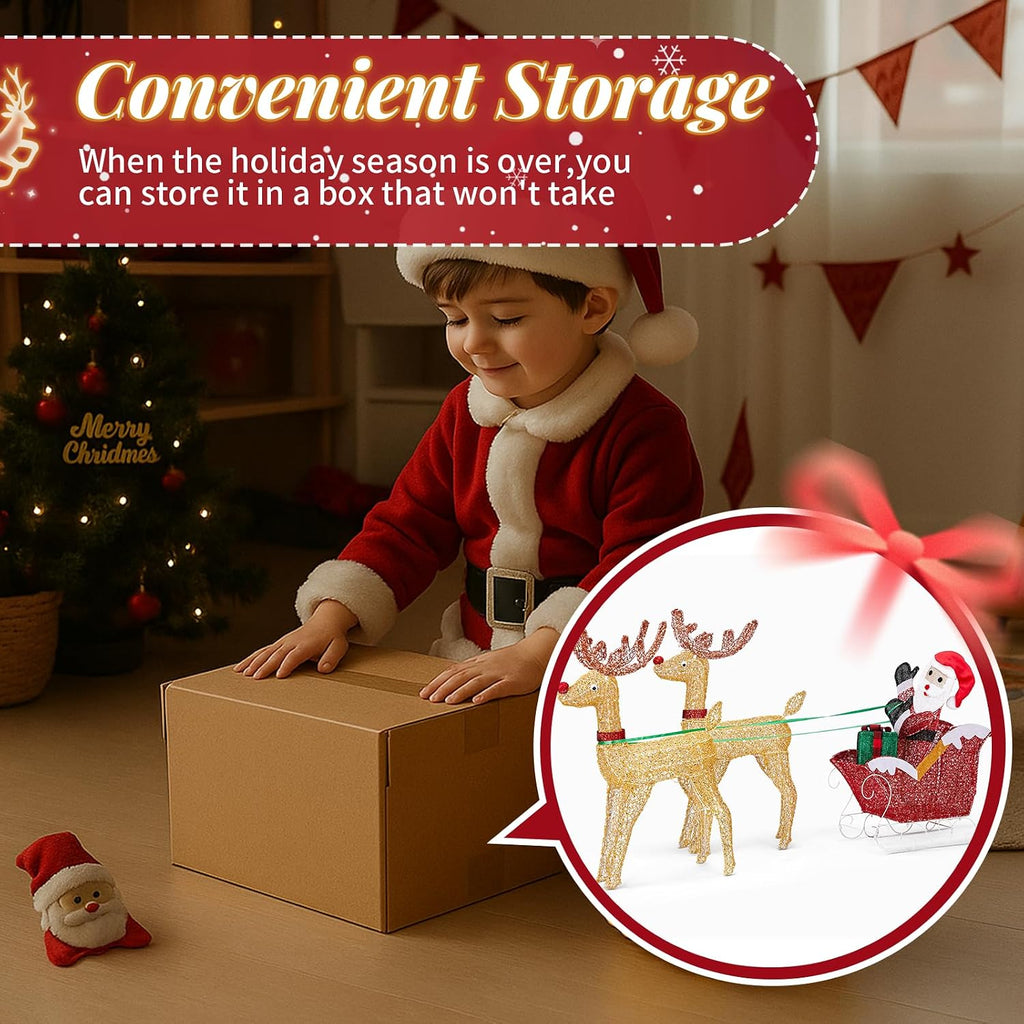 6FT Lighted Christmas Reindeer and Sleigh Outdoor Decorations, 2 Reindeer Pulling Santa's Sleigh, Warm White LED