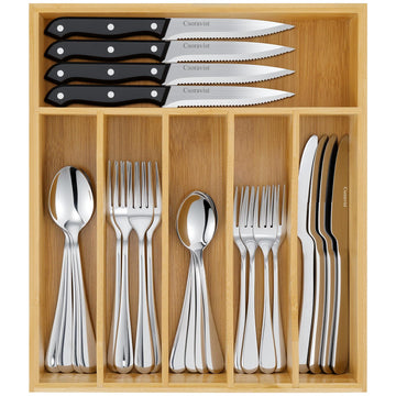 49-Piece Silverware Set with Bamboo Organizer, Flatware Utensil Set for 8